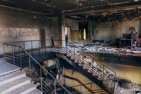 Burned,Interiors,After,Fire,In,Industrial,Or,Office,Building.,Walls